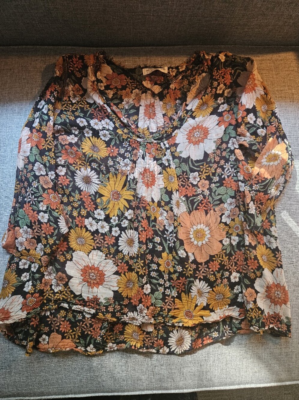NATURAL LIFE Black Floral Blouse with Orange, Yellow & Cream Flowers